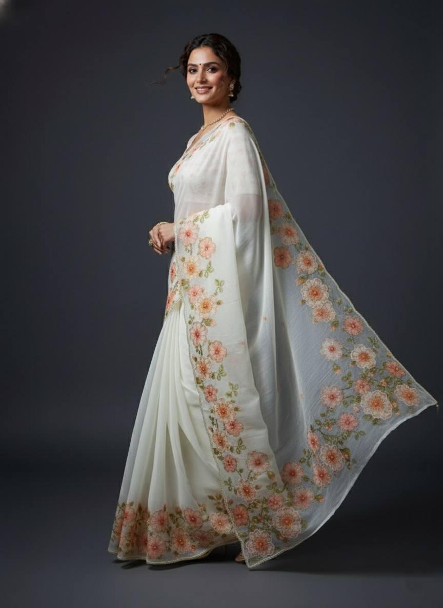 Evanik Soft Crystal Organza With Floral Print With Pearls And Pipe Hand Work Saree With Unstitched Blouse | Grocsy