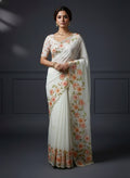 Evanik Soft Crystal Organza With Floral Print With Pearls And Pipe Hand Work Saree With Unstitched Blouse | Grocsy