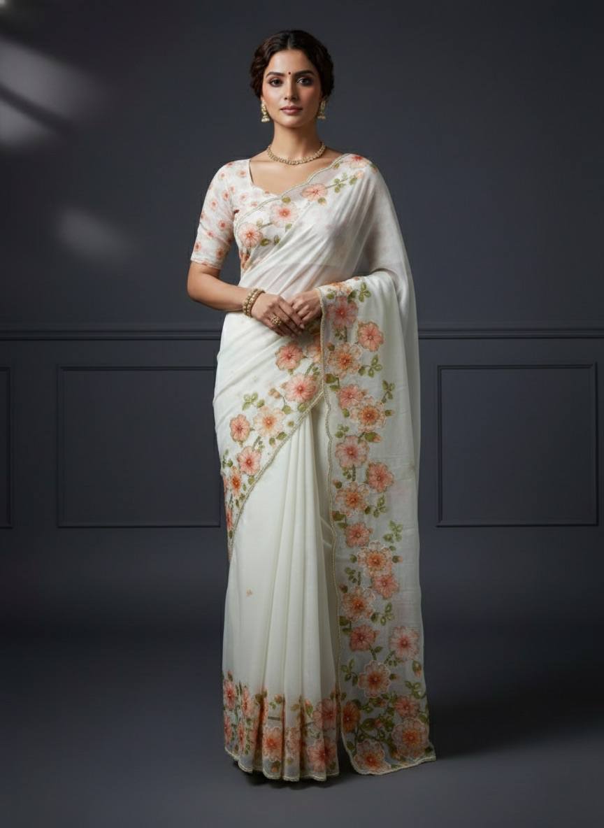 Evanik Soft Crystal Organza With Floral Print With Pearls And Pipe Hand Work Saree With Unstitched Blouse | Grocsy