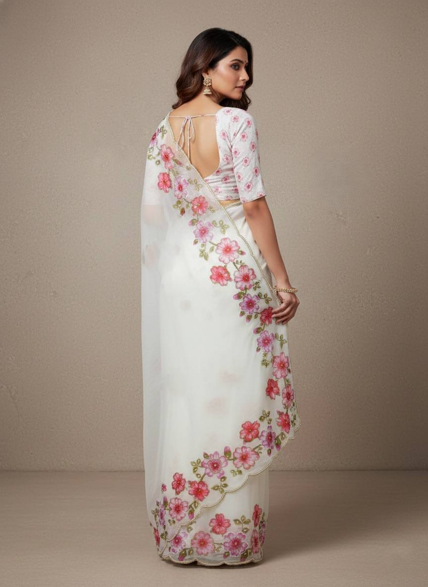 Evanik Soft Crystal Organza With Floral Print With Pearls And Pipe Hand Work Saree With Unstitched Blouse | Grocsy