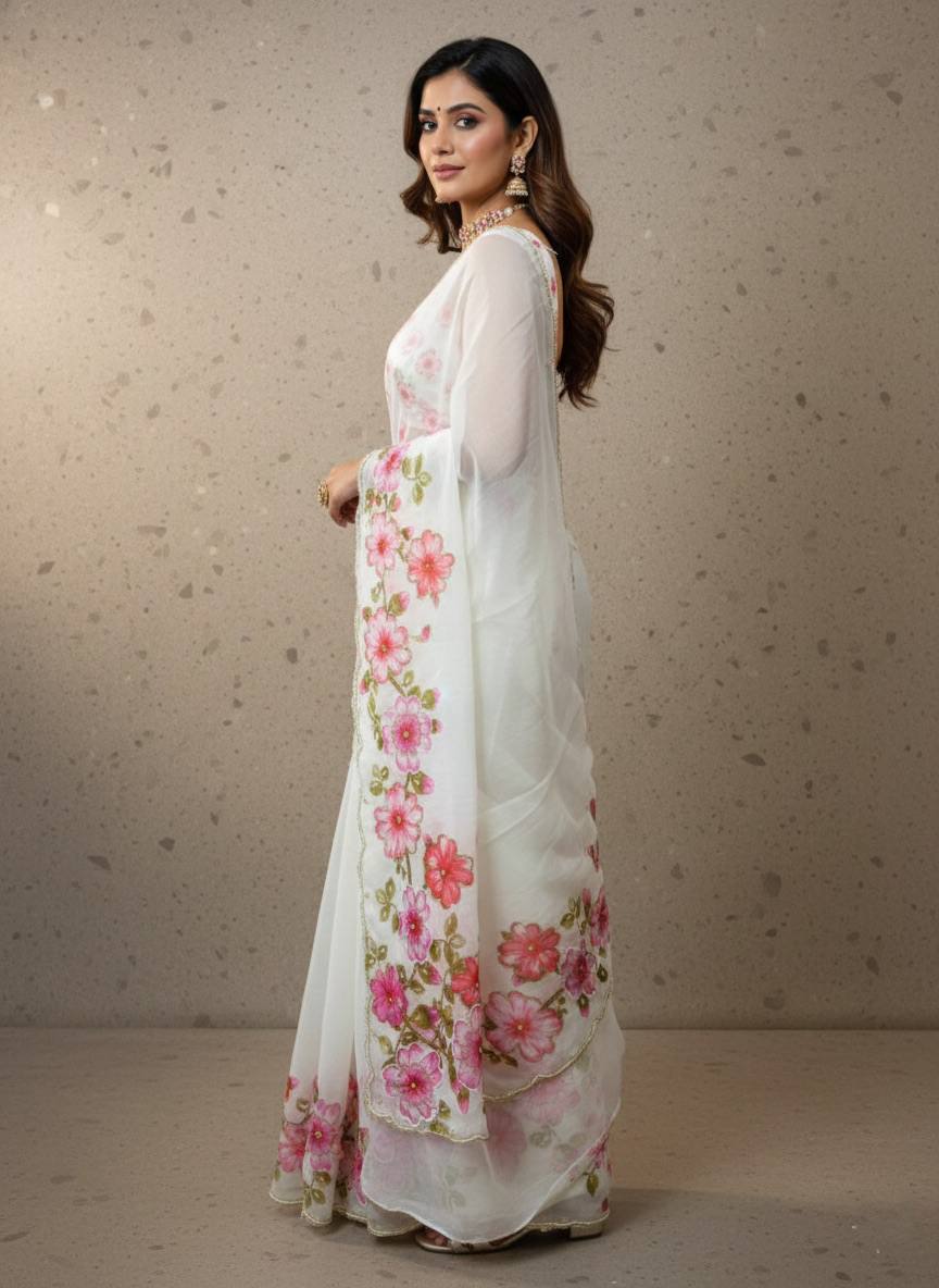 Evanik Soft Crystal Organza With Floral Print With Pearls And Pipe Hand Work Saree With Unstitched Blouse | Grocsy