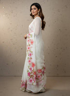 Evanik Soft Crystal Organza With Floral Print With Pearls And Pipe Hand Work Saree With Unstitched Blouse | Grocsy