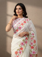 Evanik Soft Crystal Organza With Floral Print With Pearls And Pipe Hand Work Saree With Unstitched Blouse | Grocsy