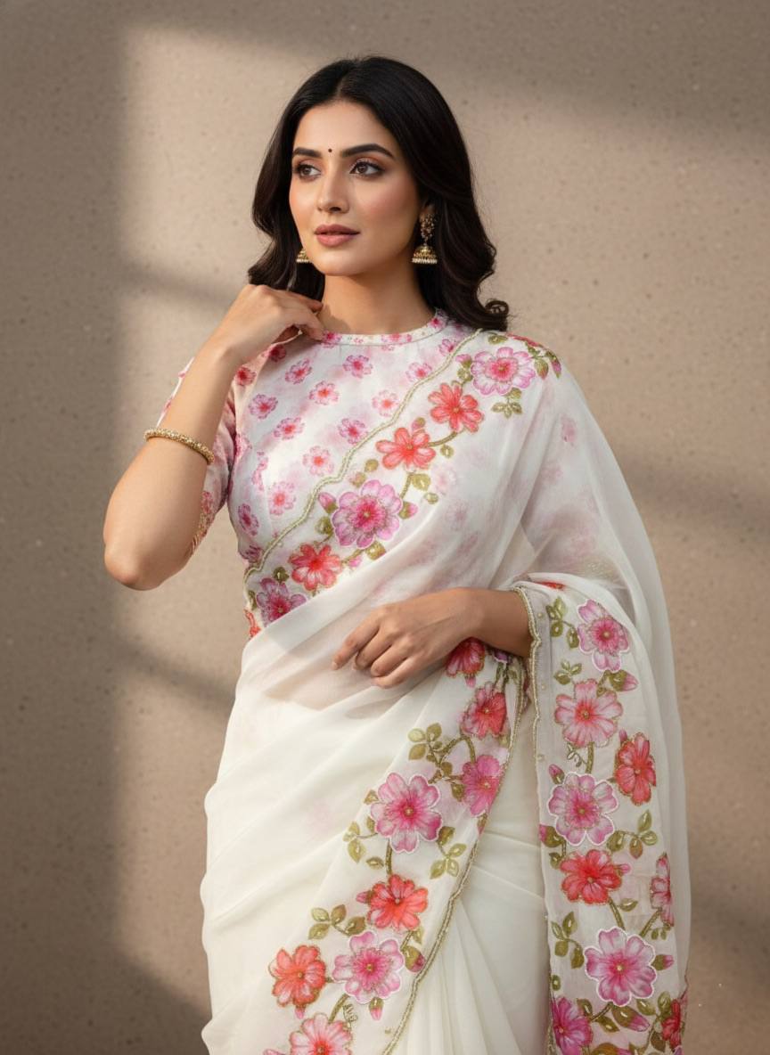 Evanik Soft Crystal Organza With Floral Print With Pearls And Pipe Hand Work Saree With Unstitched Blouse | Grocsy