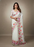 Evanik Soft Crystal Organza With Floral Print With Pearls And Pipe Hand Work Saree With Unstitched Blouse | Grocsy