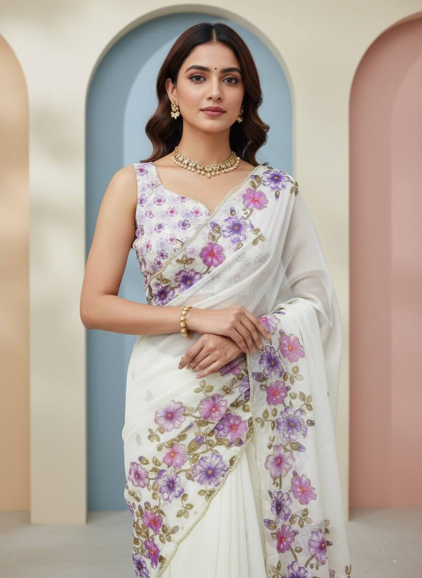 Evanik Soft Crystal Organza With Floral Print With Pearls And Pipe Hand Work Saree With Unstitched Blouse | Grocsy