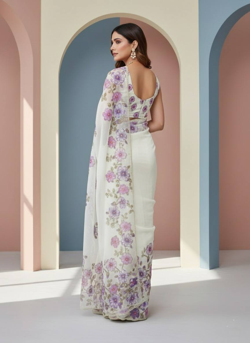 Evanik Soft Crystal Organza With Floral Print With Pearls And Pipe Hand Work Saree With Unstitched Blouse | Grocsy