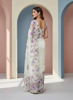 Evanik Soft Crystal Organza With Floral Print With Pearls And Pipe Hand Work Saree With Unstitched Blouse | Grocsy