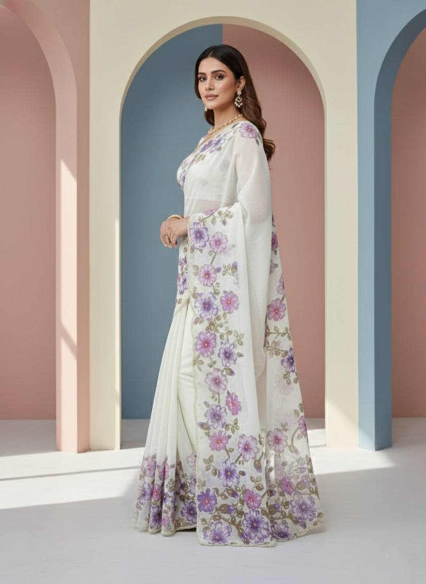 Evanik Soft Crystal Organza With Floral Print With Pearls And Pipe Hand Work Saree With Unstitched Blouse | Grocsy