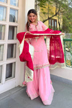 Yash Enterprise Pink Organza Silk Party Wear Embroidery Sharara Suit Set | Grocsy