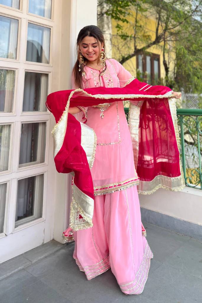 Yash Enterprise Pink Organza Silk Party Wear Embroidery Sharara Suit Set | Grocsy