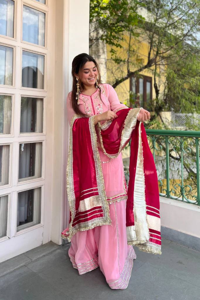 Yash Enterprise Pink Organza Silk Party Wear Embroidery Sharara Suit Set | Grocsy