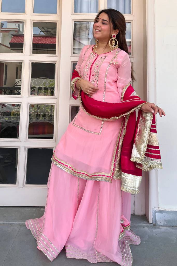 Yash Enterprise Pink Organza Silk Party Wear Embroidery Sharara Suit Set | Grocsy