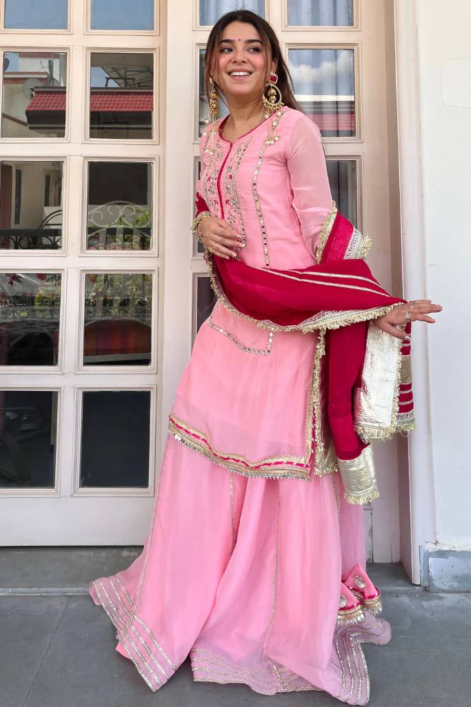 Yash Enterprise Pink Organza Silk Party Wear Embroidery Sharara Suit Set | Grocsy