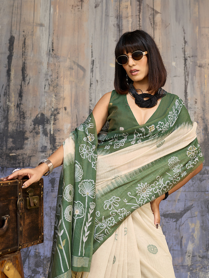 Monjolika Fashion Cotton Blend Cream & Olive Green Saree | Grocsy