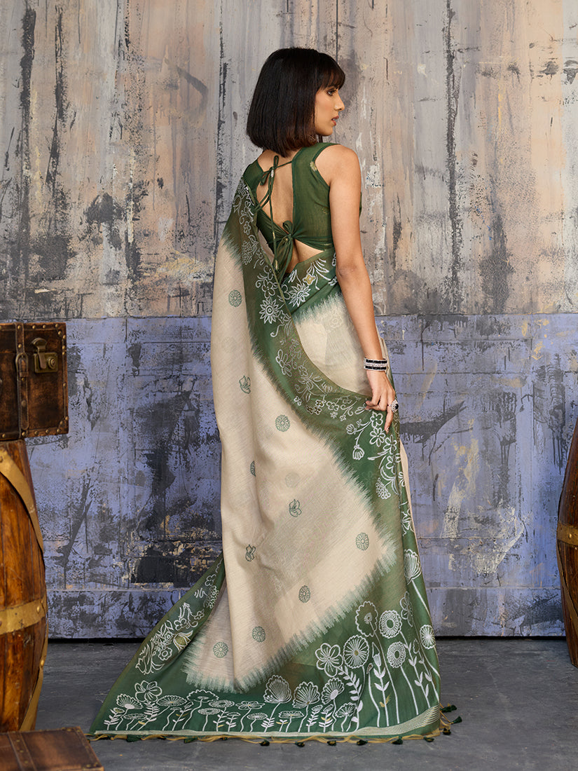 Monjolika Fashion Cotton Blend Cream & Olive Green Saree | Grocsy