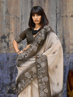 Monjolika Fashion Cotton Blend Cream & Black Saree | Grocsy
