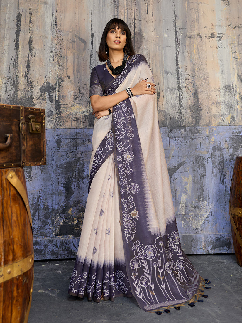 Monjolika Fashion Cotton Blend Cream & Navy Blue Saree | Grocsy