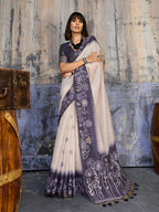 Monjolika Fashion Cotton Blend Cream & Navy Blue Saree | Grocsy