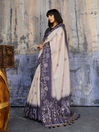 Monjolika Fashion Cotton Blend Cream & Navy Blue Saree | Grocsy