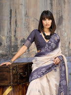 Monjolika Fashion Cotton Blend Cream & Navy Blue Saree | Grocsy