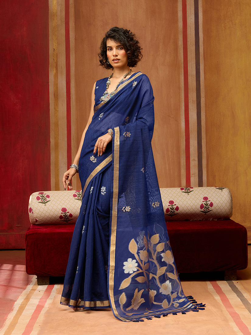 Monjolika Fashion Navy Blue Silk Blend woven Work Saree | Grocsy
