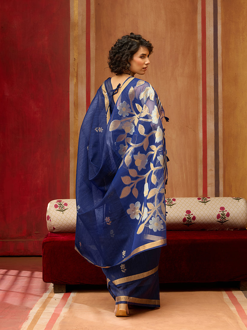 Monjolika Fashion Navy Blue Silk Blend woven Work Saree | Grocsy