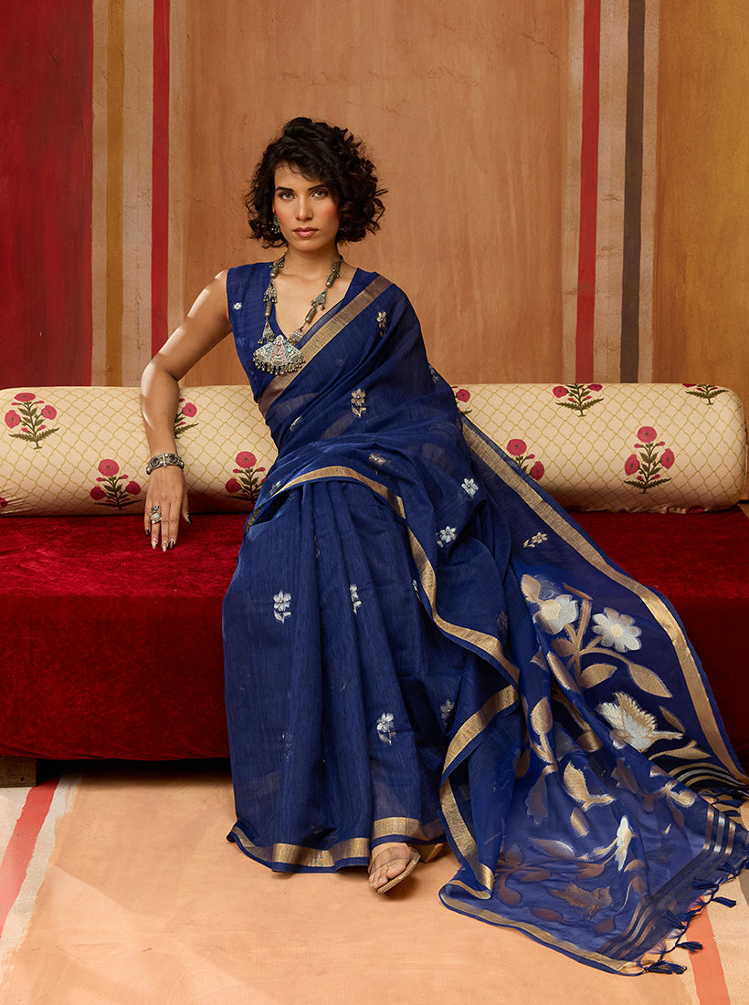 Monjolika Fashion Navy Blue Silk Blend woven Work Saree | Grocsy