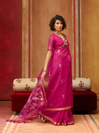 Monjolika Fashion Rani Pink Silk Blend woven Work Saree | Grocsy