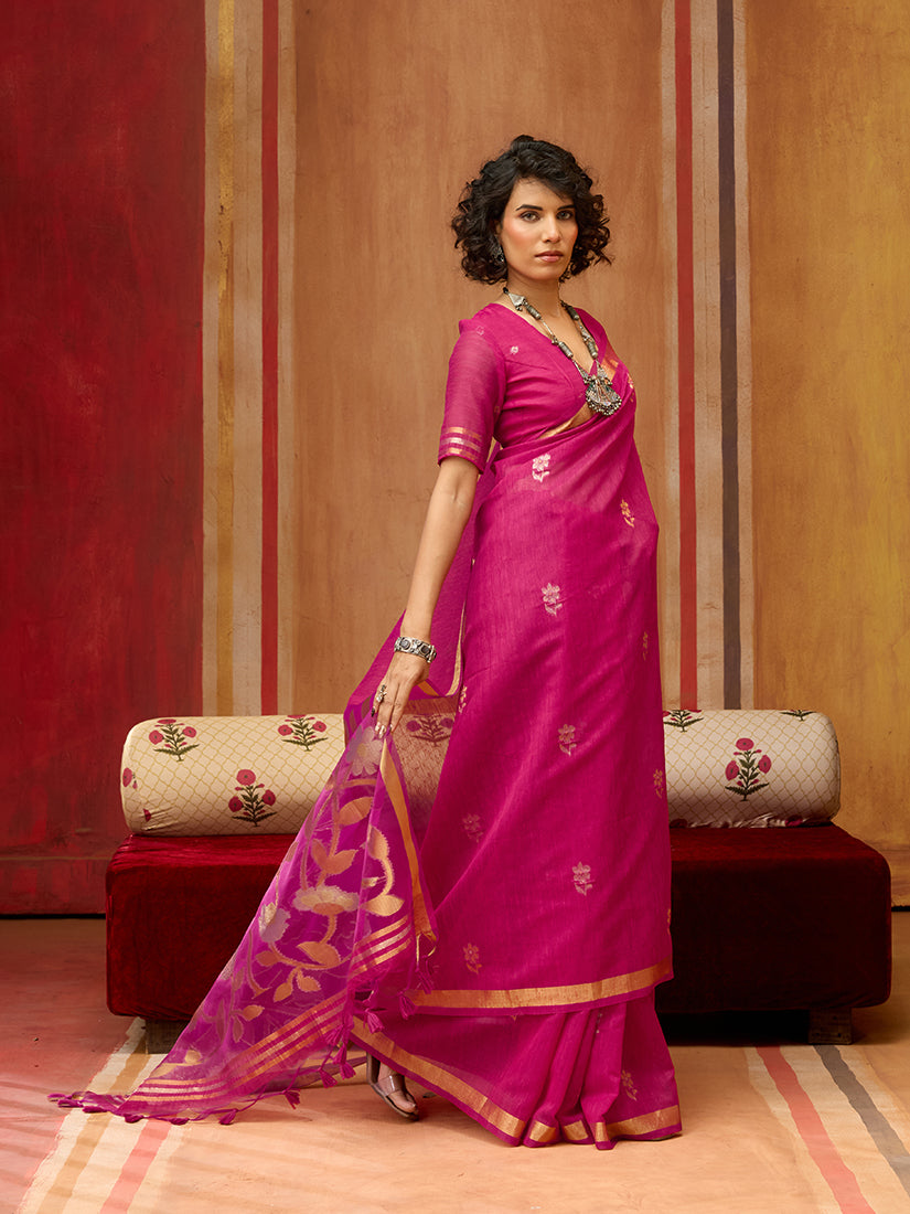 Monjolika Fashion Rani Pink Silk Blend woven Work Saree | Grocsy