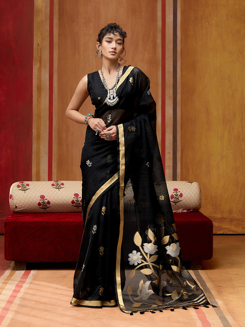 Monjolika Fashion Black Silk Blend woven Work Saree | Grocsy