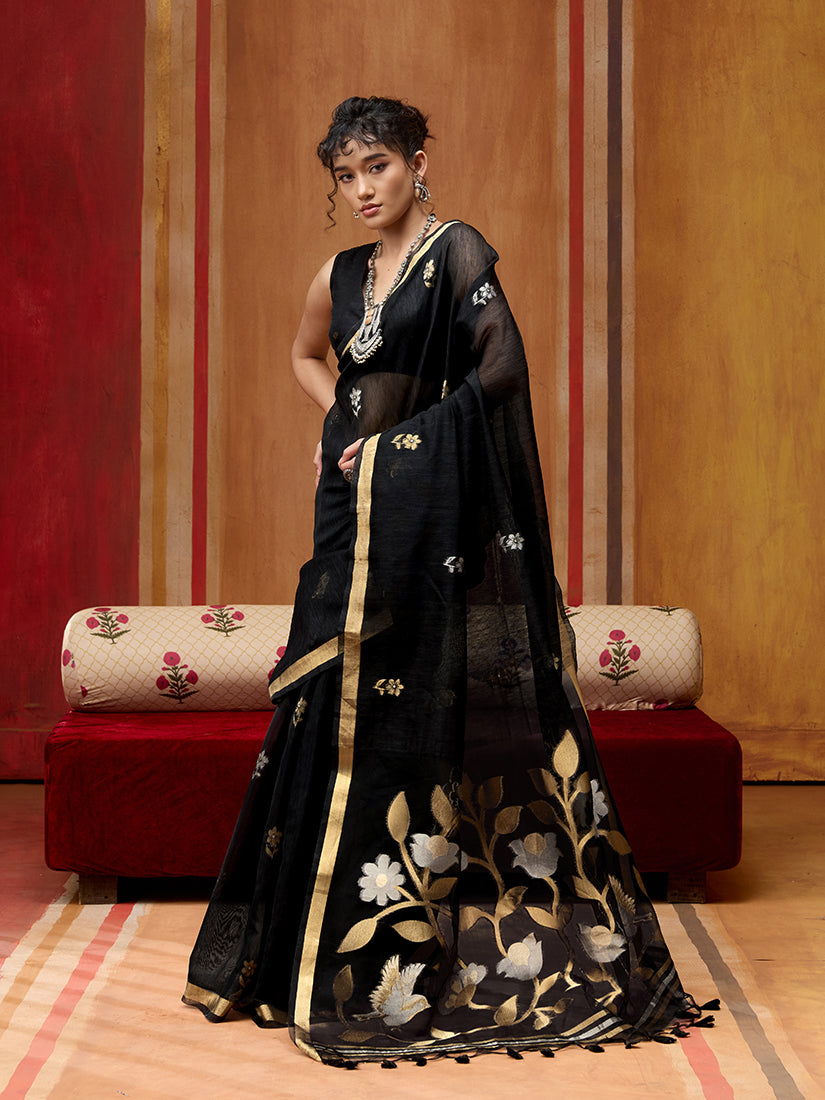 Monjolika Fashion Black Silk Blend woven Work Saree | Grocsy