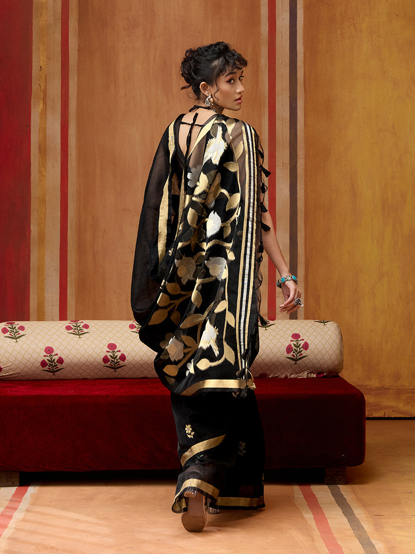 Monjolika Fashion Black Silk Blend woven Work Saree | Grocsy