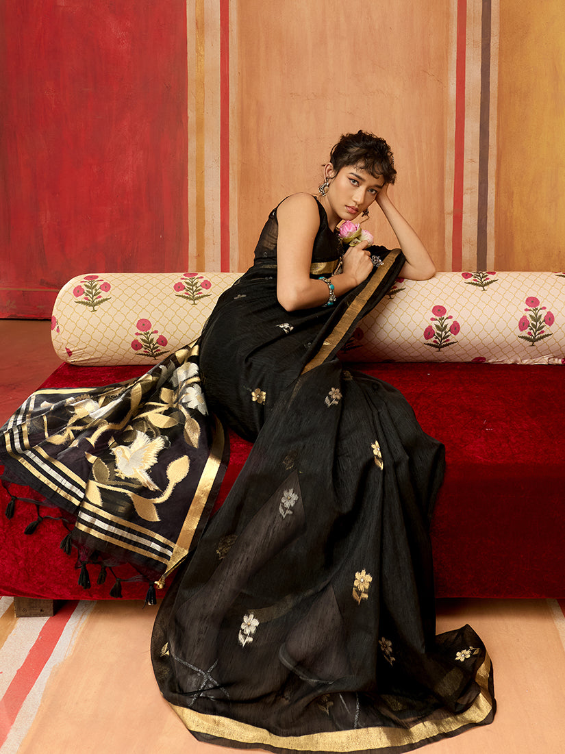 Monjolika Fashion Black Silk Blend woven Work Saree | Grocsy