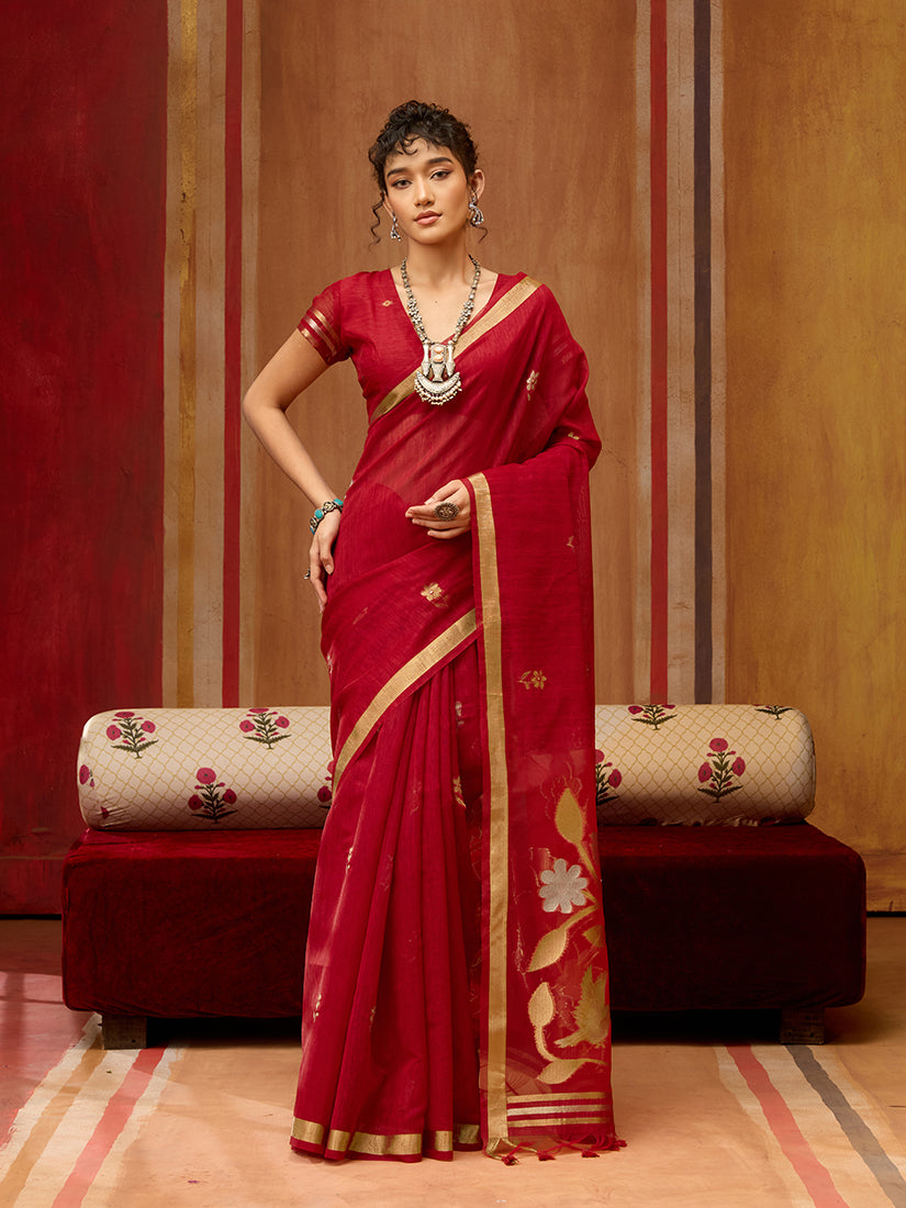 Monjolika Fashion Red Silk Blend woven Work Saree | Grocsy