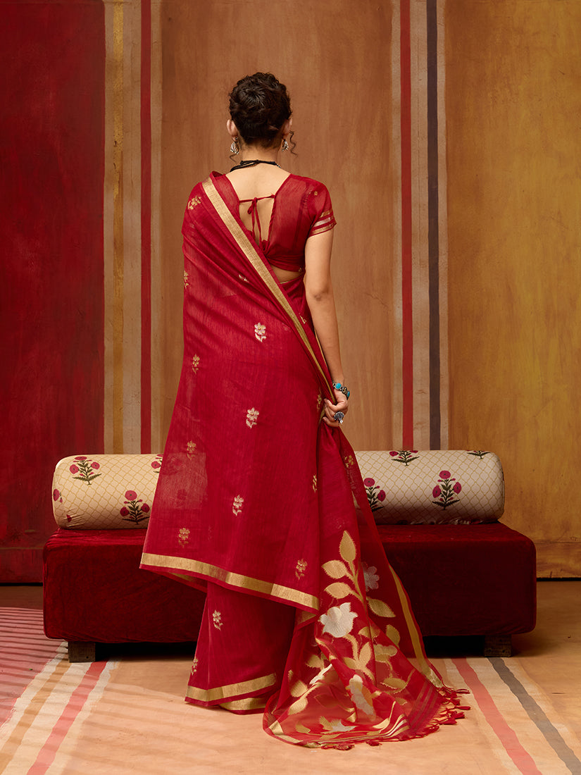 Monjolika Fashion Red Silk Blend woven Work Saree | Grocsy