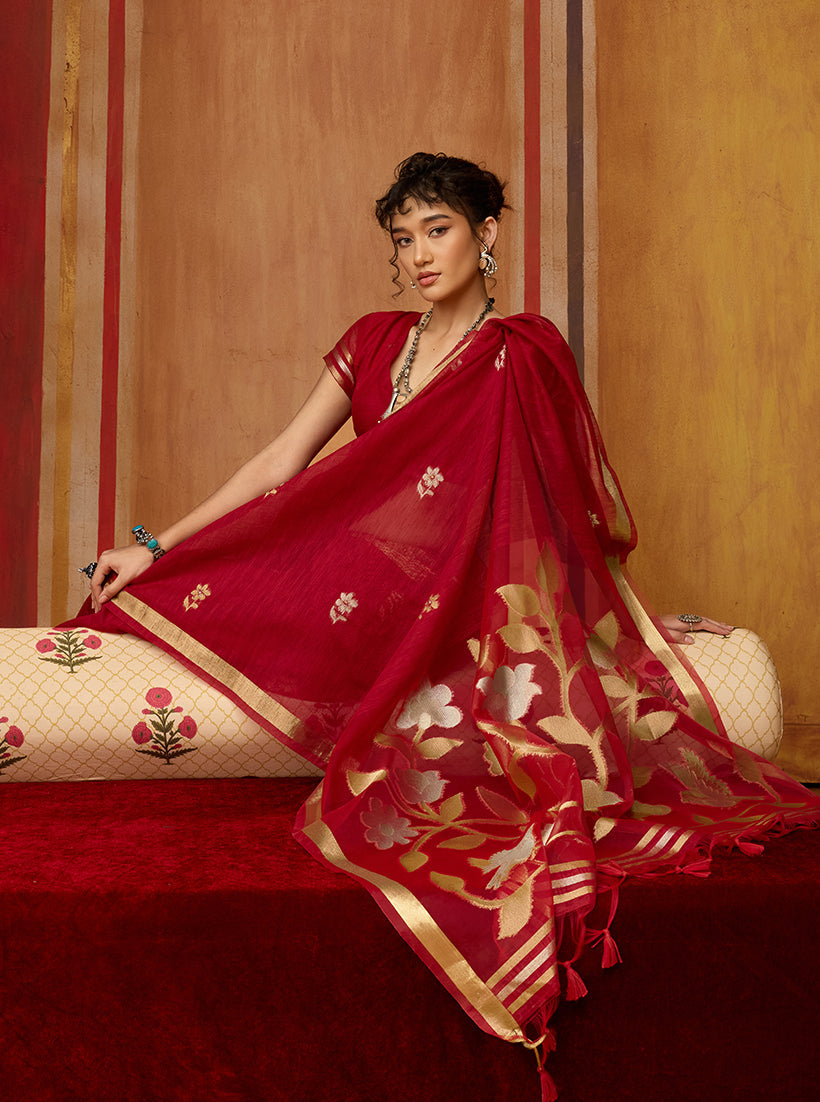 Monjolika Fashion Red Silk Blend woven Work Saree | Grocsy