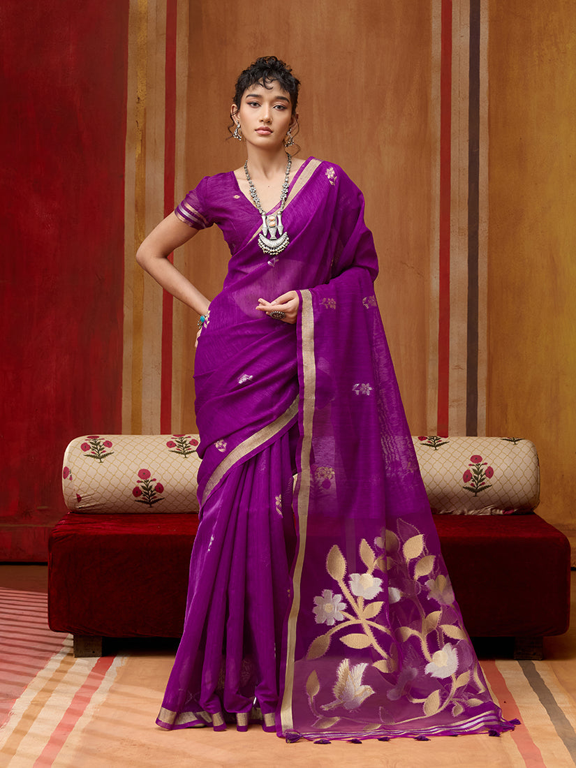 Monjolika Fashion Purple Silk Blend woven Work Saree | Grocsy