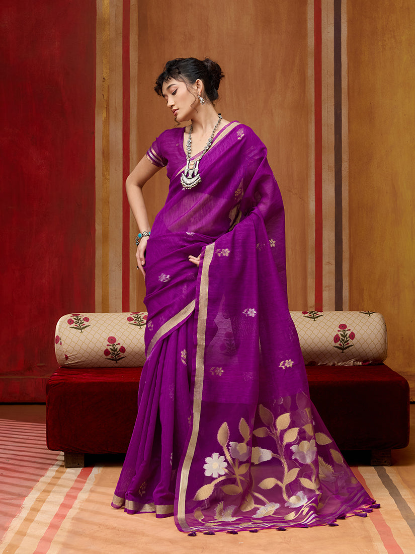 Monjolika Fashion Purple Silk Blend woven Work Saree | Grocsy