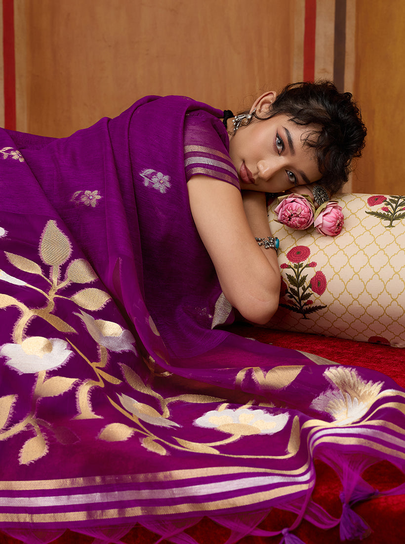 Monjolika Fashion Purple Silk Blend woven Work Saree | Grocsy