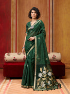 Monjolika Fashion Dark Green Silk Blend woven Work Saree | Grocsy