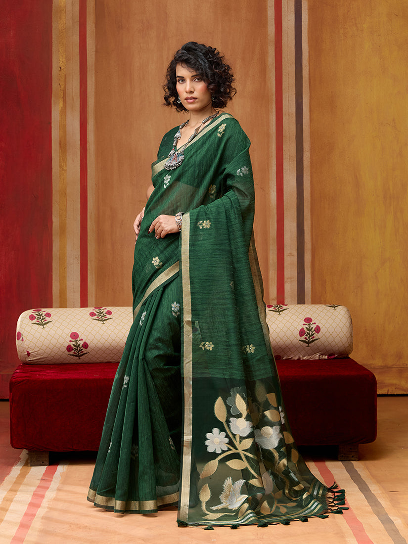 Monjolika Fashion Dark Green Silk Blend woven Work Saree | Grocsy