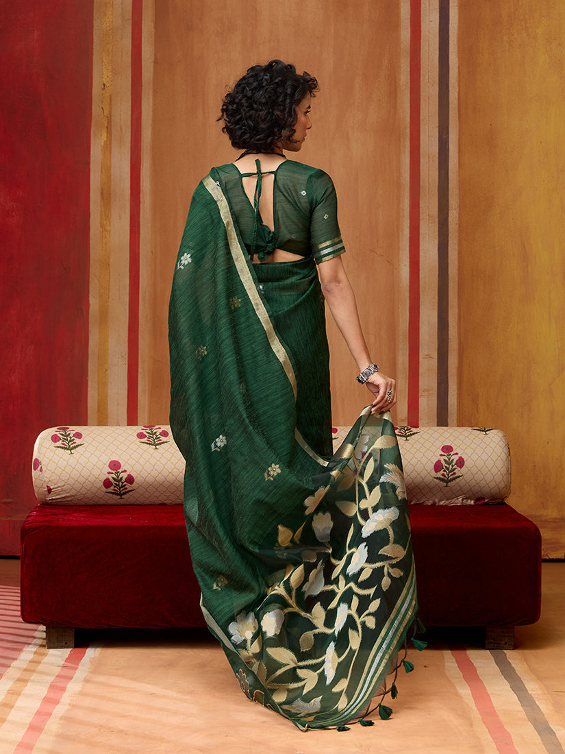 Monjolika Fashion Dark Green Silk Blend woven Work Saree | Grocsy