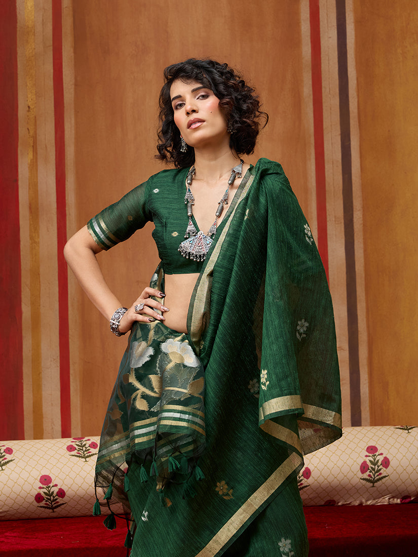 Monjolika Fashion Dark Green Silk Blend woven Work Saree | Grocsy