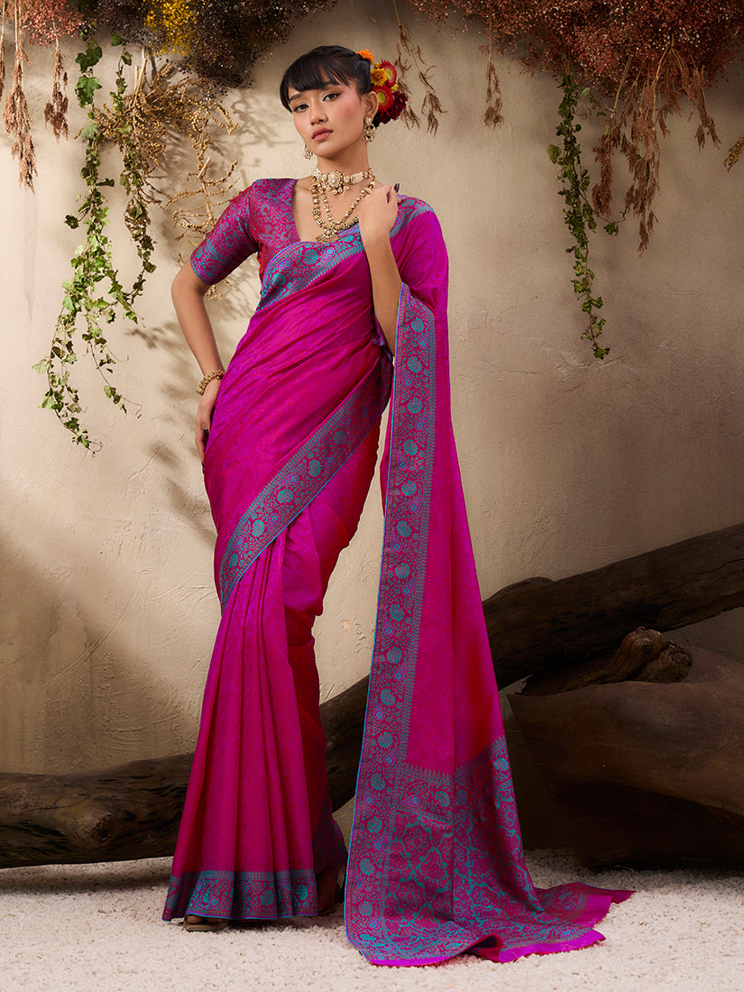Monjolika Fashion Rani Pink woven Kanjivaram Silk Blend Saree | Grocsy