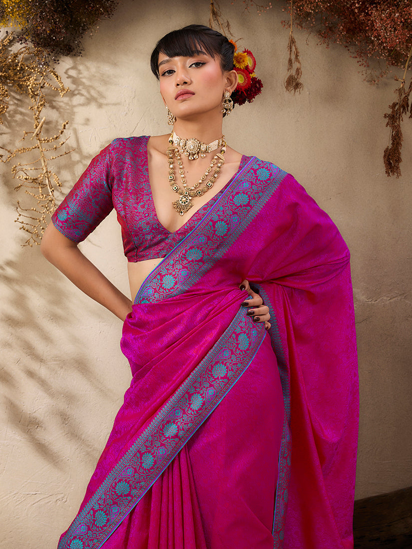 Monjolika Fashion Rani Pink woven Kanjivaram Silk Blend Saree | Grocsy