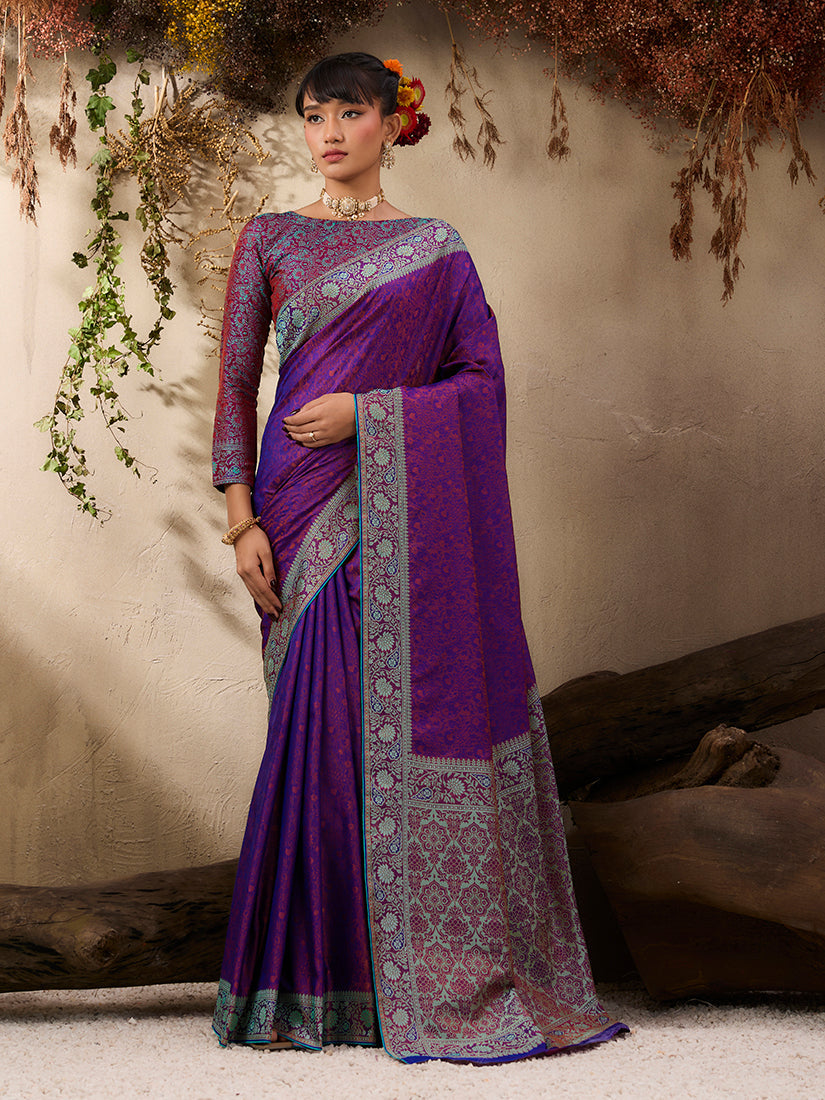 Monjolika Fashion Purple woven Kanjivaram Silk Blend Saree | Grocsy