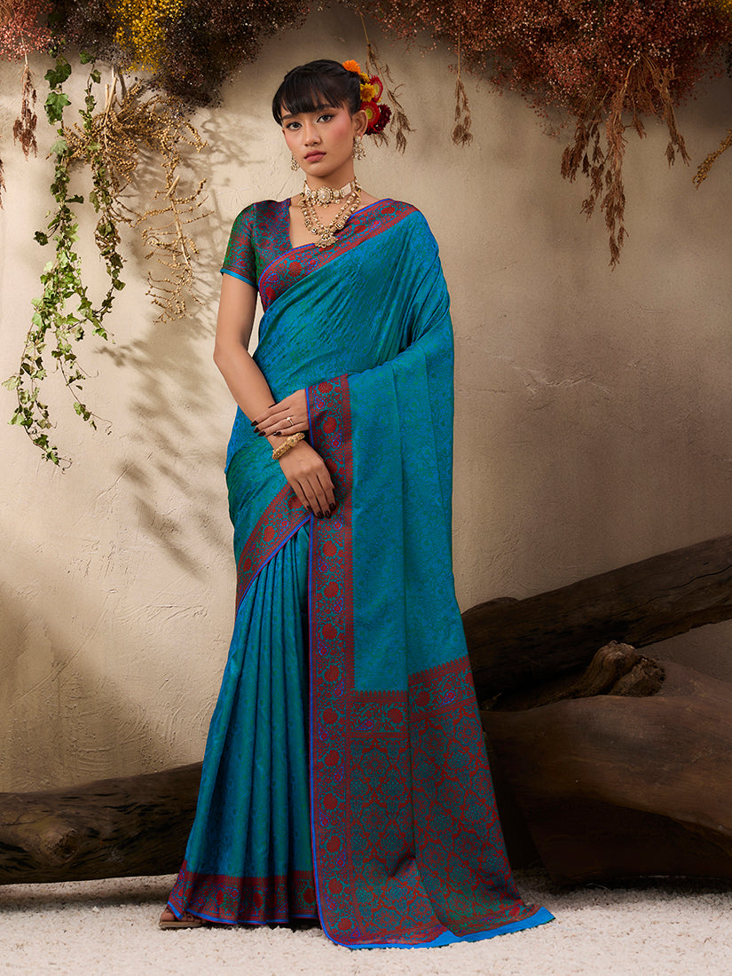 Monjolika Fashion Teal Blue woven Kanjivaram Silk Blend Saree | Grocsy