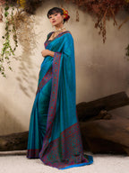 Monjolika Fashion Teal Blue woven Kanjivaram Silk Blend Saree | Grocsy