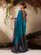 Monjolika Fashion Teal Blue woven Kanjivaram Silk Blend Saree | Grocsy